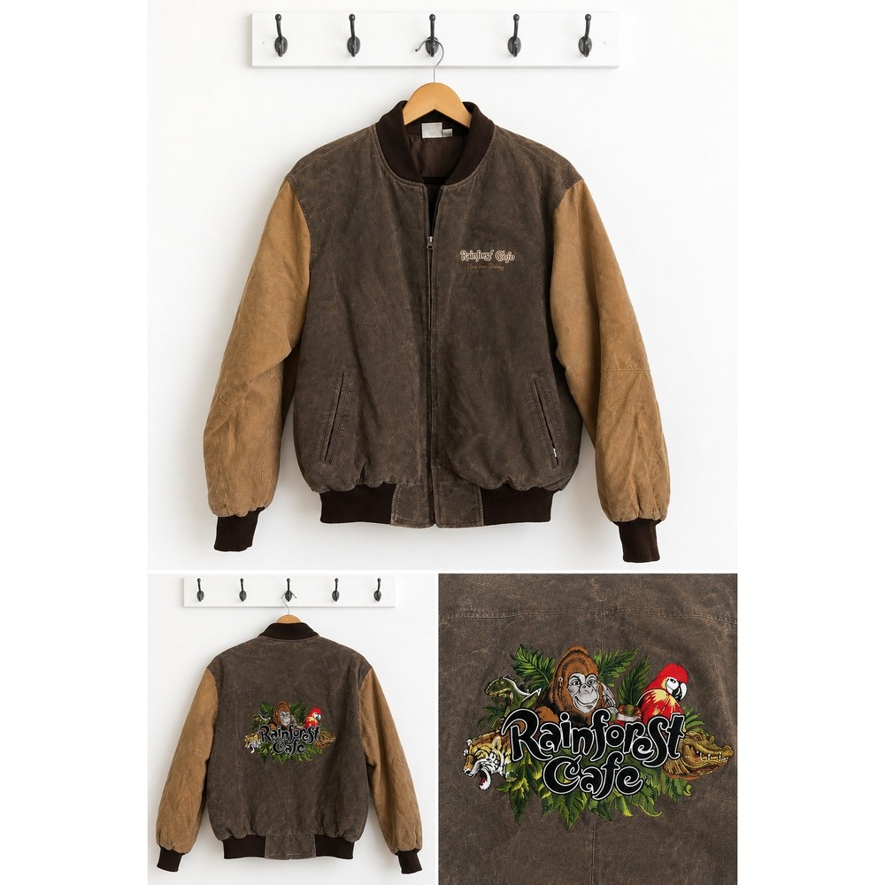 Vintage Rainforest Cafe Disney Leather Varsity Bomber Jacket M Retro Streetwear
